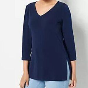 Susan Graver Navy Liquid Knit V-neck 3/4 Sleeve Tunic-5X- Petite Plus Length-NWT